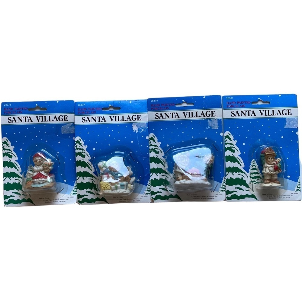 Set of 4 Santa Village Hand Painted Porcelain 3” Figures Elf Mrs. Claus